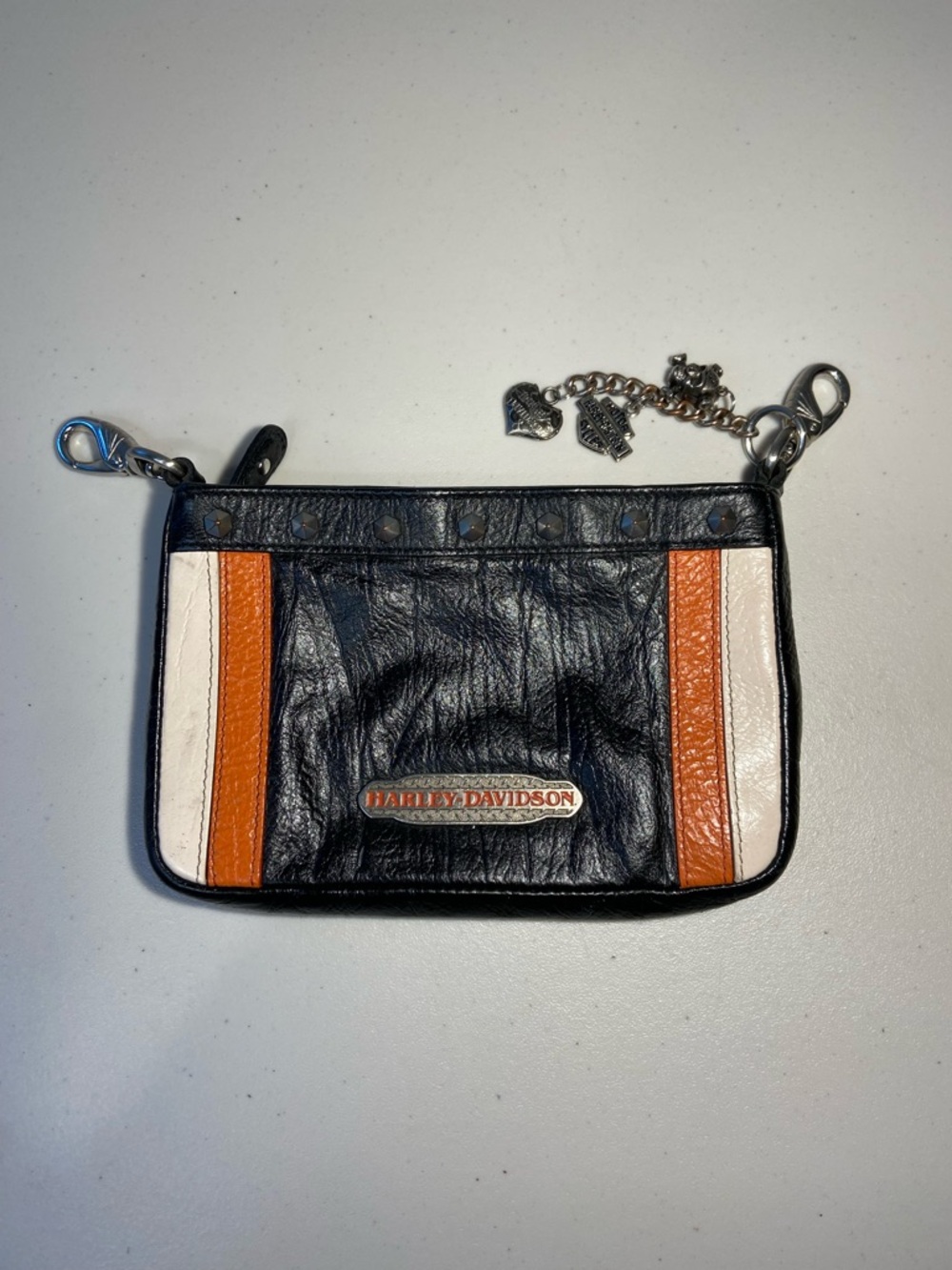 Harley-Davidson Black Leather Bag with Orange and White Stripe Accents